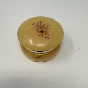 Vintage Yellow Alabaster Trinket Box Floral Hinged Jewelry Box 1.75" H X 2.5"
